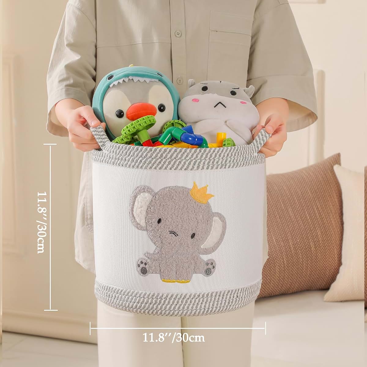 BabyOneStop Elephant Nursery Storage Basket, Woven Cotton Rope, Foldable with Handles, 11.8 Inch