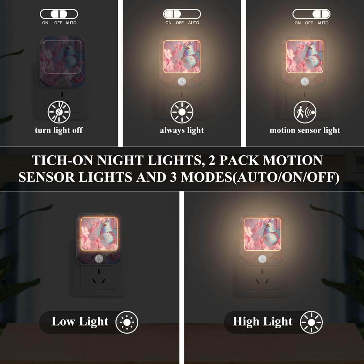 Yuxiz Blue Butterfly Plug-in LED Night Light 2 Pack with Sensor