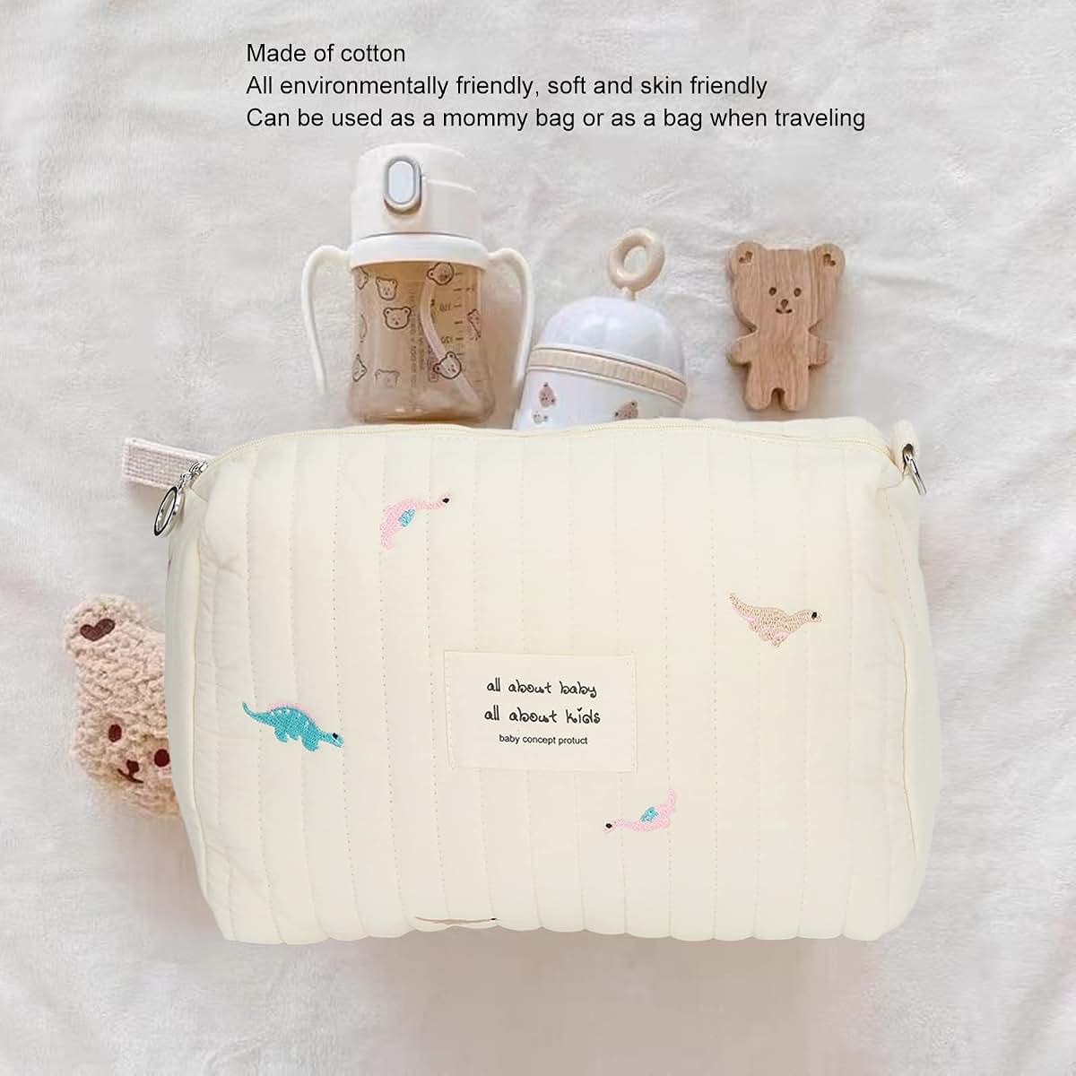 Jopwkuin Diaper Bag Pouch Organizer for Travel, Cotton Dinosaur Embroidery