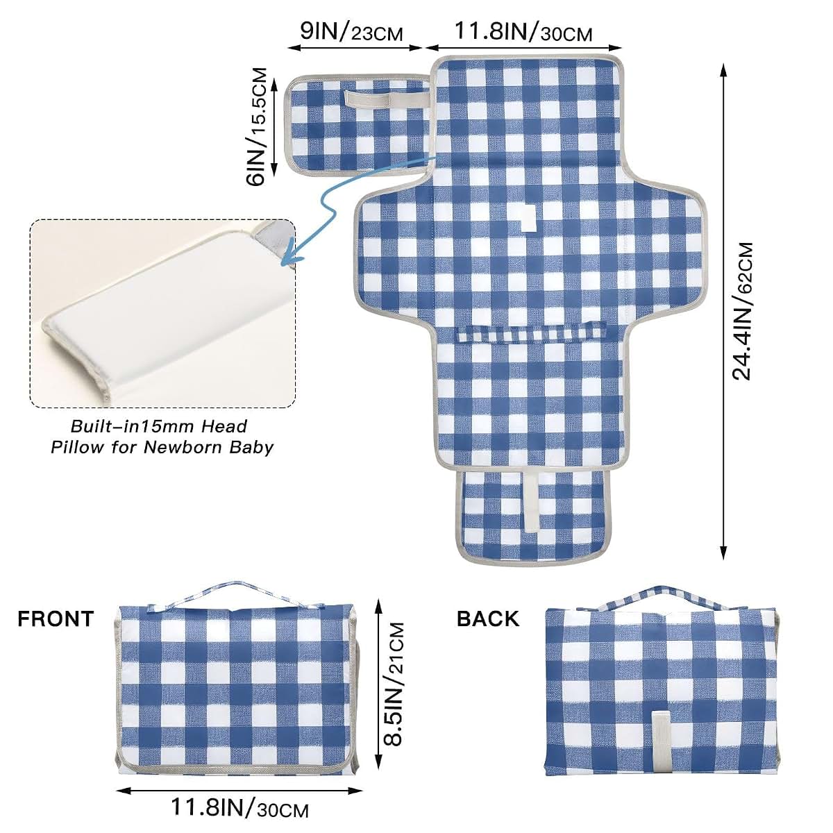 Jihqo Diaper Changing Pad Blue & White Gingham Portable Diaper Mat with Built-in Pillow
