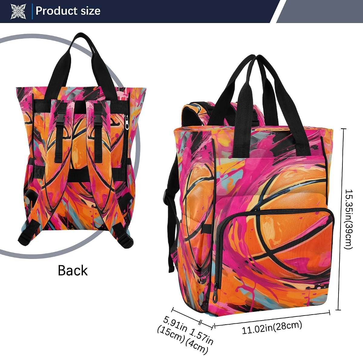 Linnikeee Watercolor Pink Basketball Diaper Backpack With Insulated Bottle Holders (photo 4)