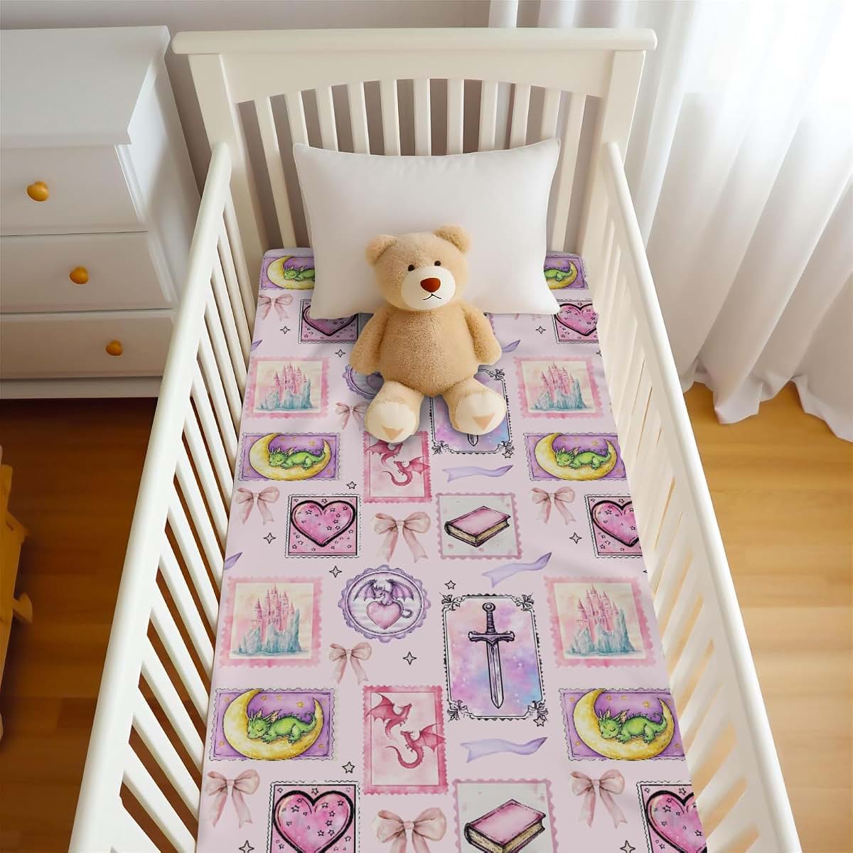 Wicbfdfv Pink Dragon Castle Fitted Crib Sheet for Standard Cribs (photo 4)