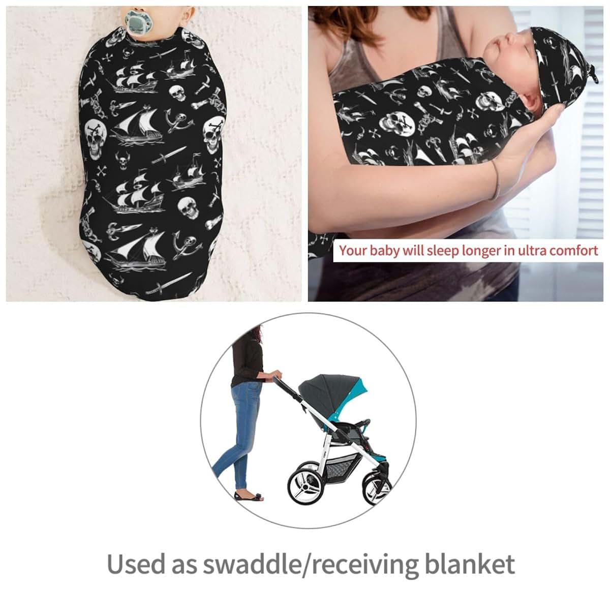 Muishi Vintage White Skull And Ship Newborn Swaddle Blanket Hat Set