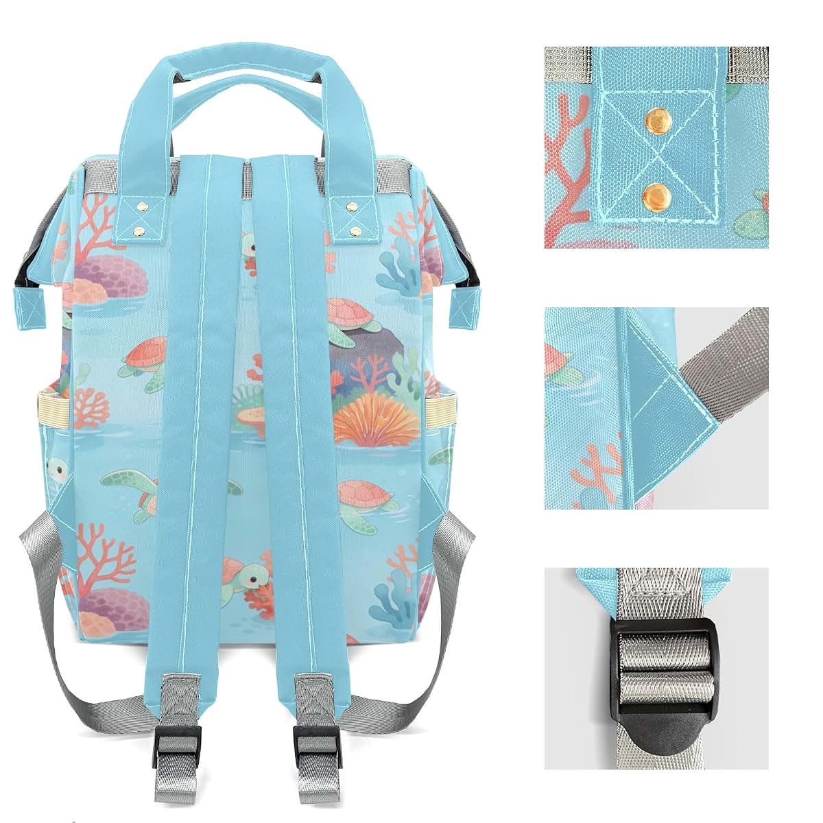 YallLocoMo Custom Diaper Bag Backpack, Cartoon Turtle Coral Print (photo 4)