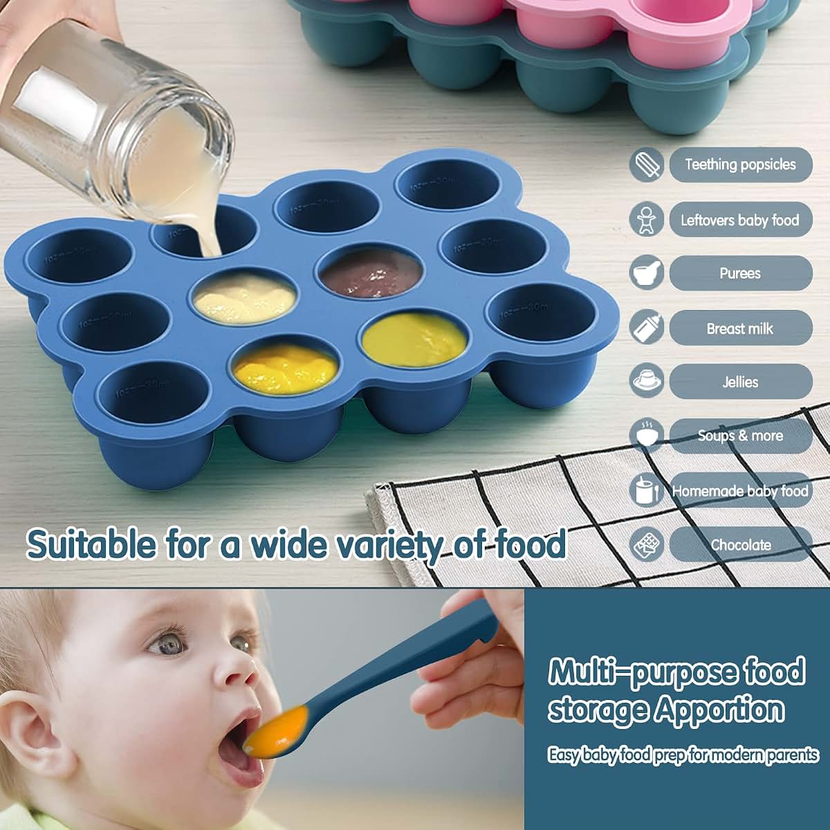 HIWOOD Silicone Freezer Tray with Lid, 12 x 1.5oz Pods, Midnight Blue