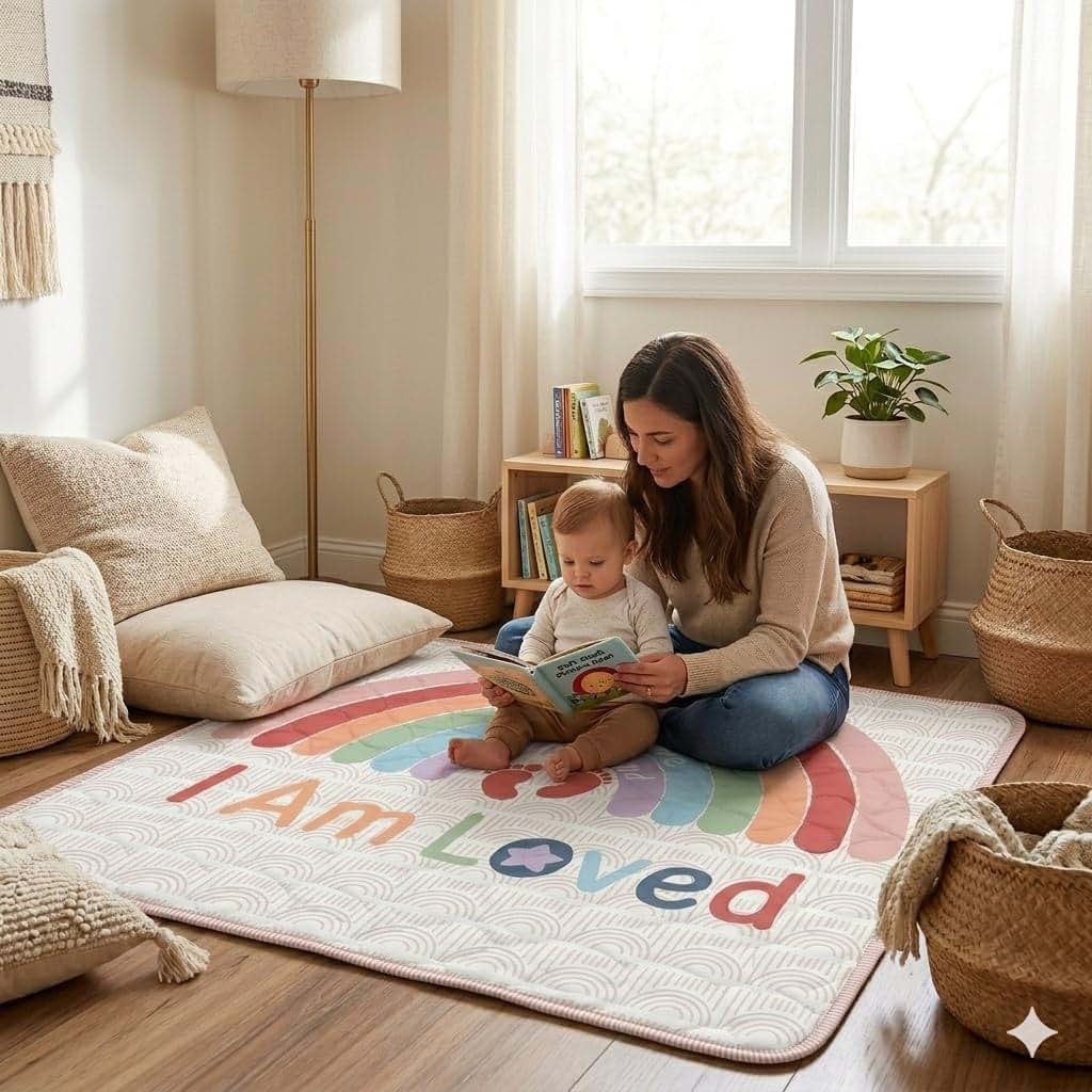 Baby Play Mat for Floor - 50x50 Foldable Washable Rainbow Design