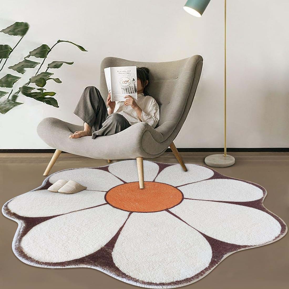 Poowe White Flower Shaped Round Washable Kids Play Mat for Nursery Decor