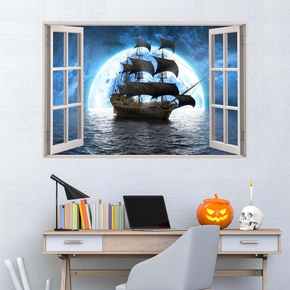 Kiddale 3D Pirate Ship Fake Window Wall Sticker Decal for Bedroom Decoration