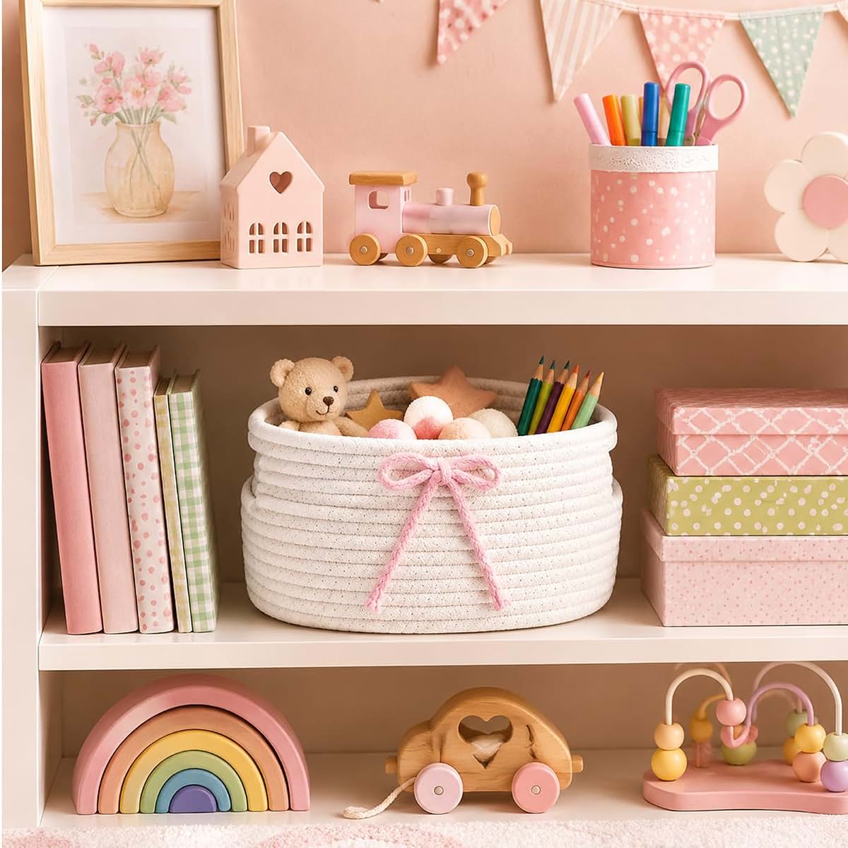 Yamenmeng 3 Pcs Cute Bow Storage Basket,Woven Storage Baskets with Handle,Store Clothes, Gifts, Toys, and (photo 4)