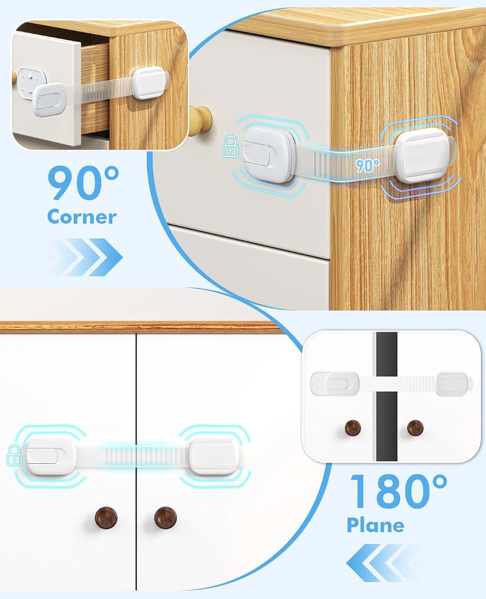Roocickee 9 Pack Cabinet Locks Baby Proofing with 3M Adhesive, Adjustable No Drill Child Safety Latches