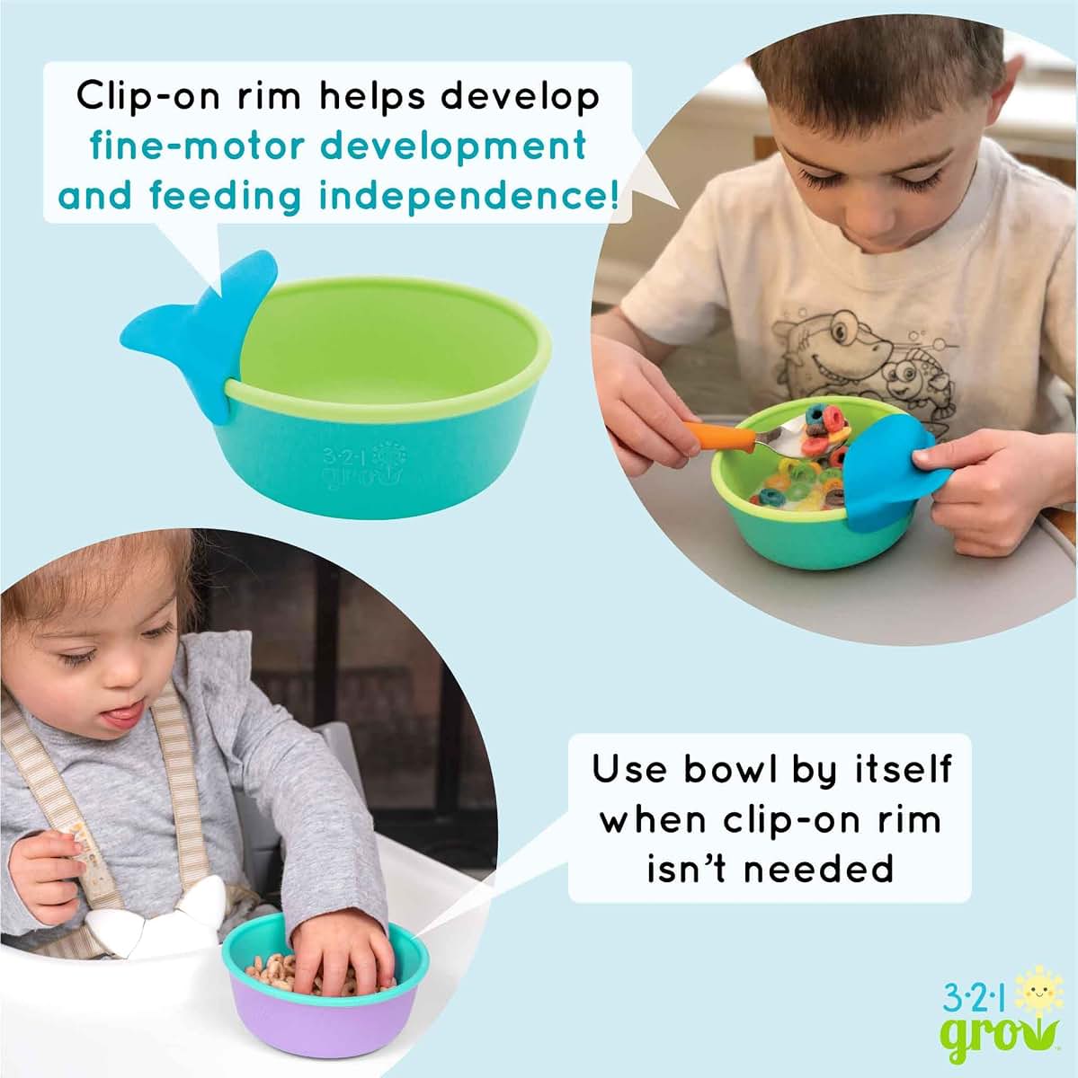 321 Grow Silicone Easy Scoop & Hold Bowl Set – Adaptive Baby & Toddler Feeding Bowls with Clip-On Rim and Handle – (photo 4)