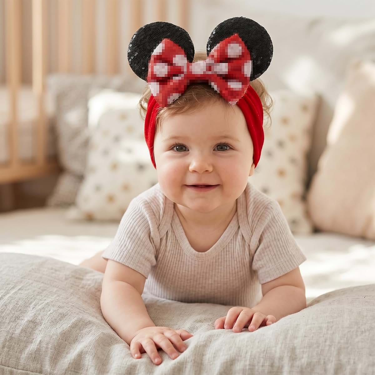 JIAHANG Baby Girl Mouse Ears Headwrap with Sequin Polka Dot Bow Velvet Hairband