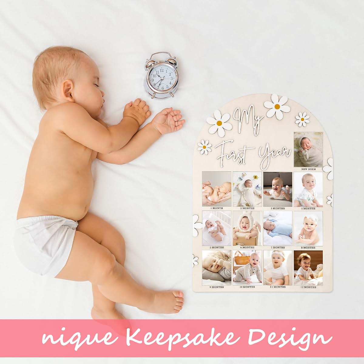 Jeqqinuz My First Year Photo Frame, My First Year Photo Board Wooden for 12 Month Picture, Baby Display Sign for