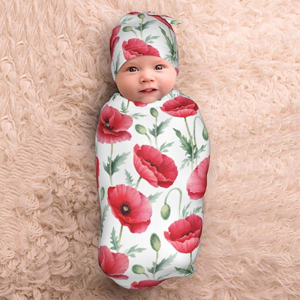 Poppy Flowers Swaddle Blanket Set with Beanie for Newborns