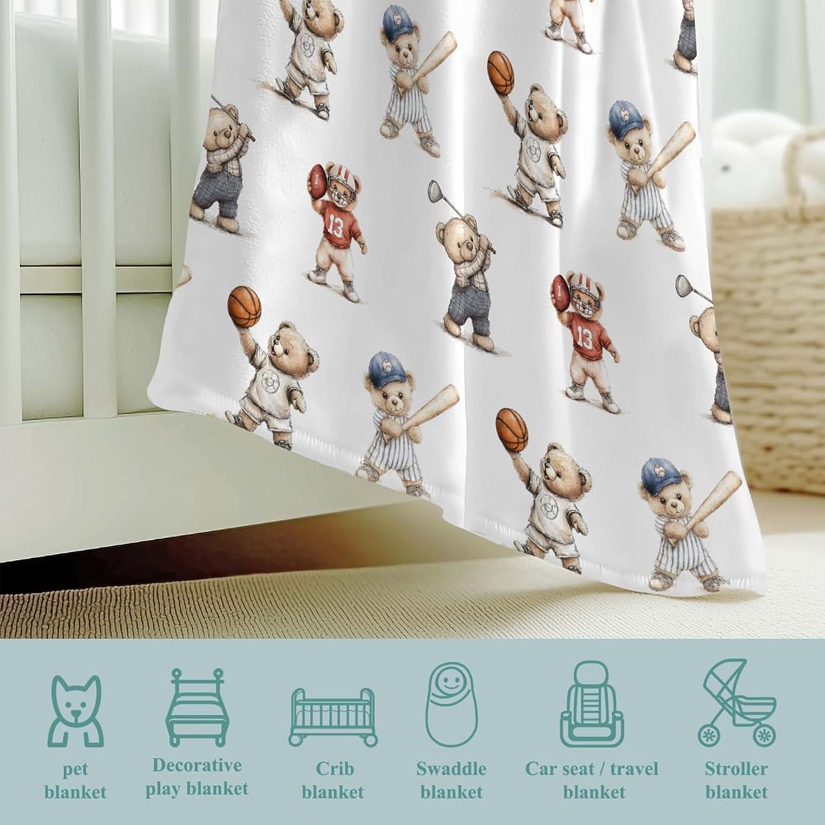 Wicbfdfv Cute Sport Bears Golf Baseball Basketball Baby Boy Girl Blankets Sports Lover Gift White Flannel Fluffy