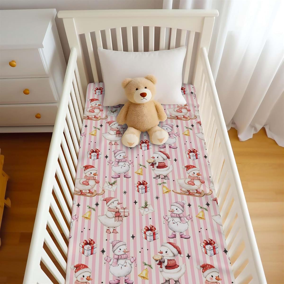 Wicbfdfv Cute Christmas Geese Santa Hat Fir Fitted Crib Sheet for Baby Girls Boys 52x28x9 in Duck Bells Gift Fitted