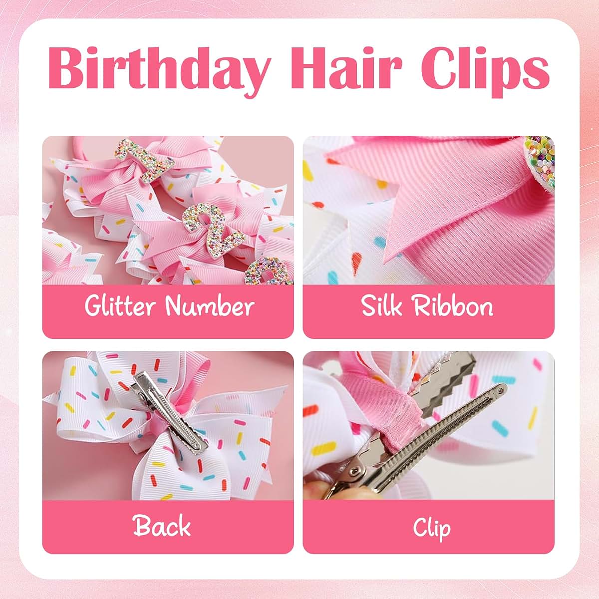 BabyOneStop 2 Pack Birthday Hair Bow for Girls, Pink Glitter Number Hair Clips, 3.5 Inch Party Accessories