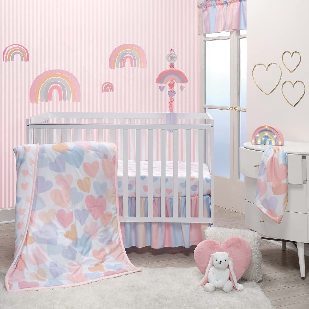 Bedtime Originals Rainbow Hearts Fitted Crib Sheet, White/Peach/Purple