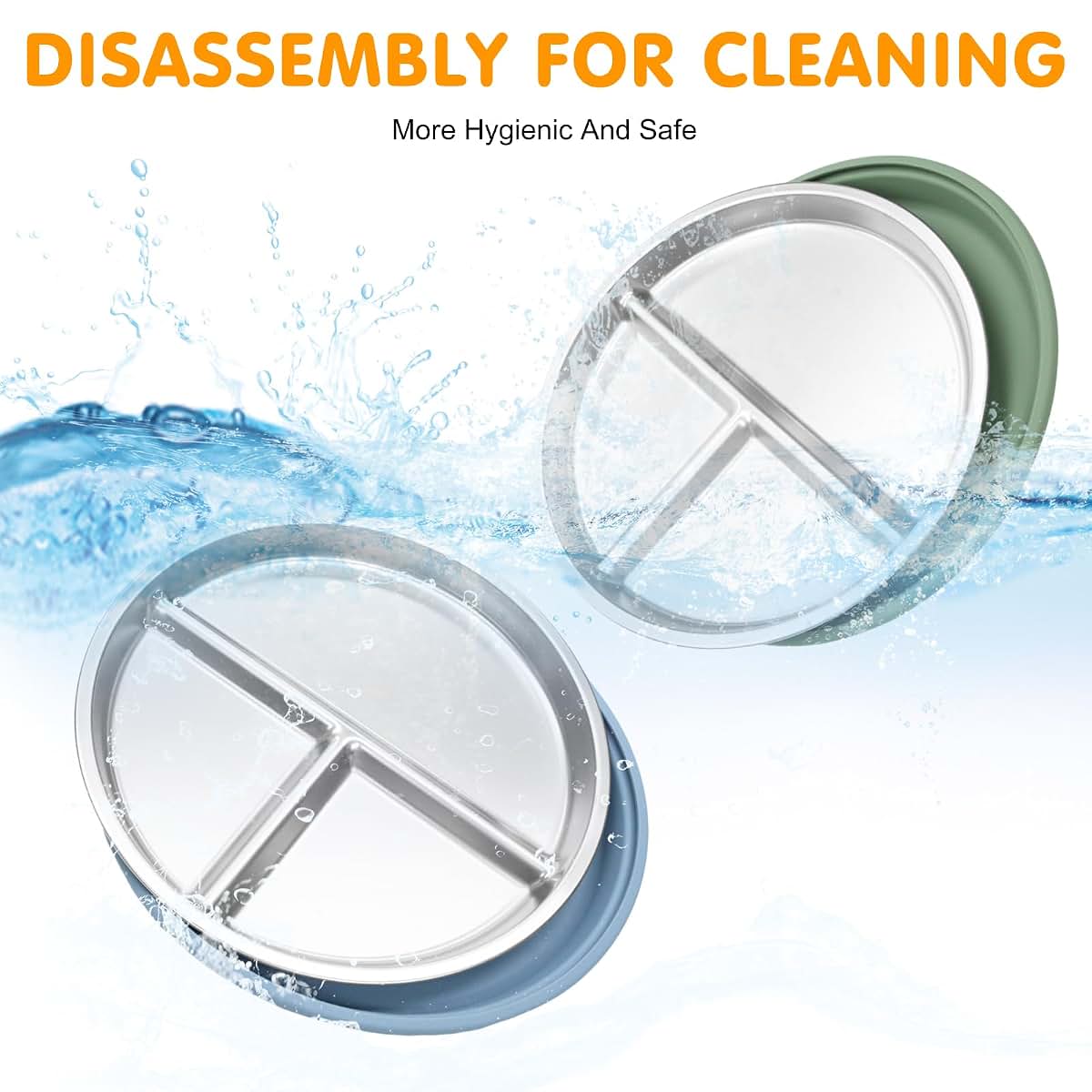 JVEOO 4 Pack Stainless Steel Toddler Plates with Suction Base, 9 Inch, Divided Design