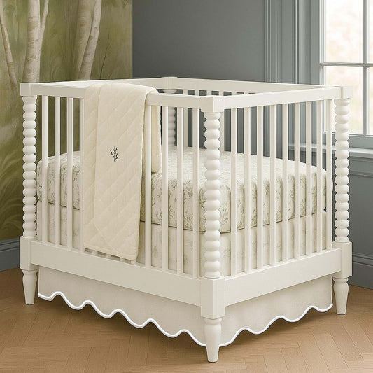 Luxurious Collections White Cotton Sateen Crib Skirt With Scalloped Embroidery