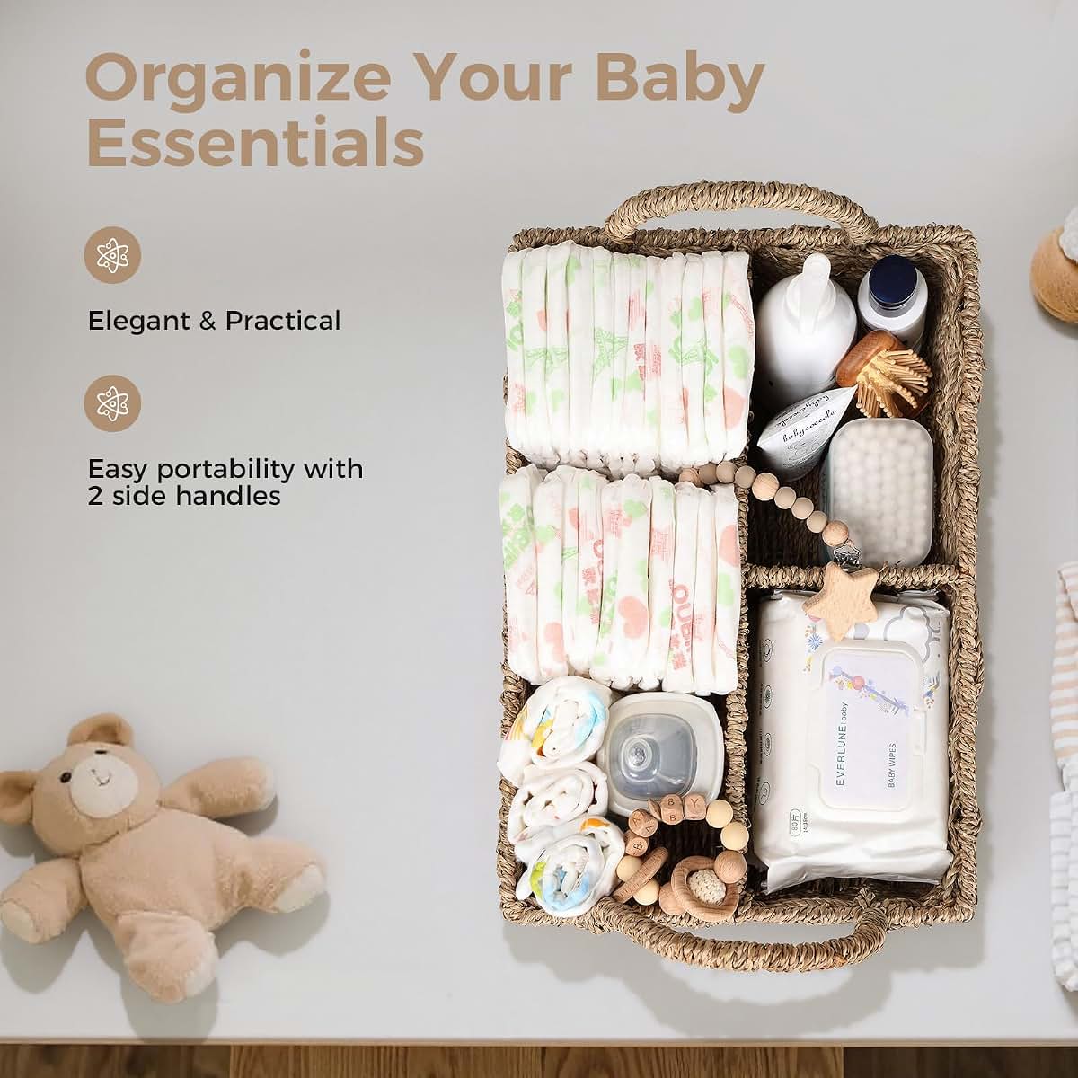 Klippehop Diaper Caddy Organizer, Handwoven Rattan Storage Basket with 3 Compartments, Natural Beige, Large