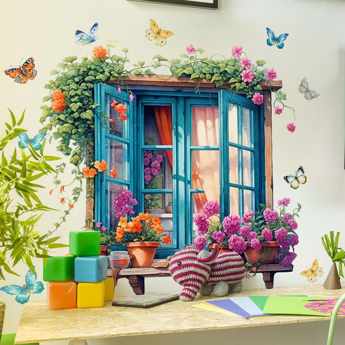 Creative Fake Window Door Flower Butterfly Wall Stickers for Room Decor