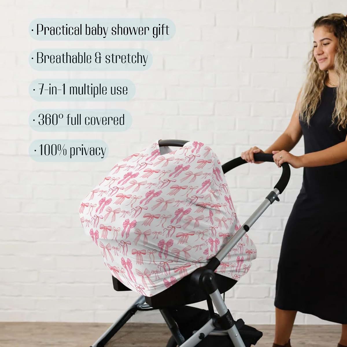 EyMzcod Baby 5-in-1 Car Seat Cover, Watercolor Pink Bows, Multi-Use Nursing & Stroller Canopy