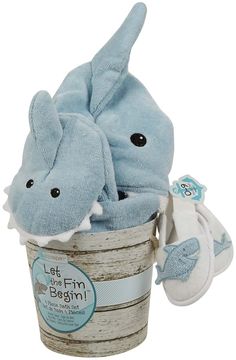 Baby Aspen Baby Shark 4-Piece Bath Set - Cotton Hooded Towel Bathrobe, Slippers & Bathing Mitt - Soft Beach Newborn