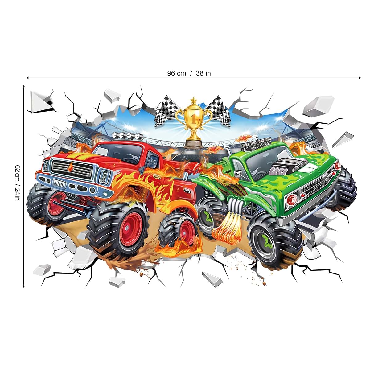 wondever 3D Racing Car Wall Decals Truck Break Through Wall Stickers