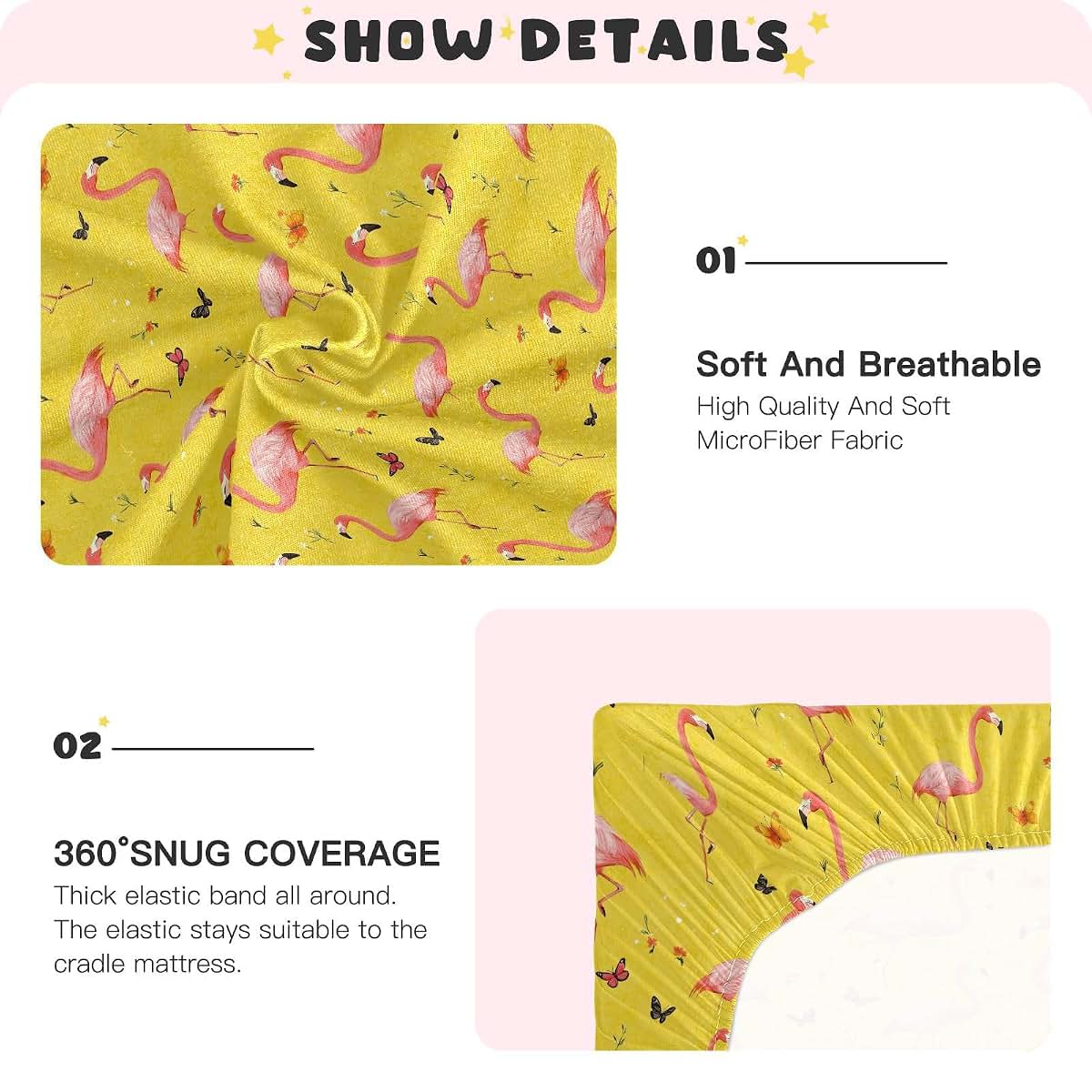 Crib Fitted Sheet For Standard Crib And Toddler Mattress 52x28in Sweet Flamingo