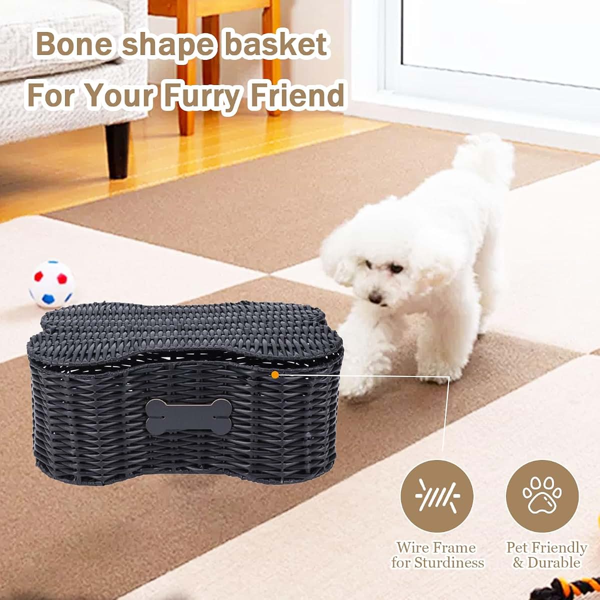 Brabtod Poly Wicker Dog Toy Basket With Lid And Name Tag