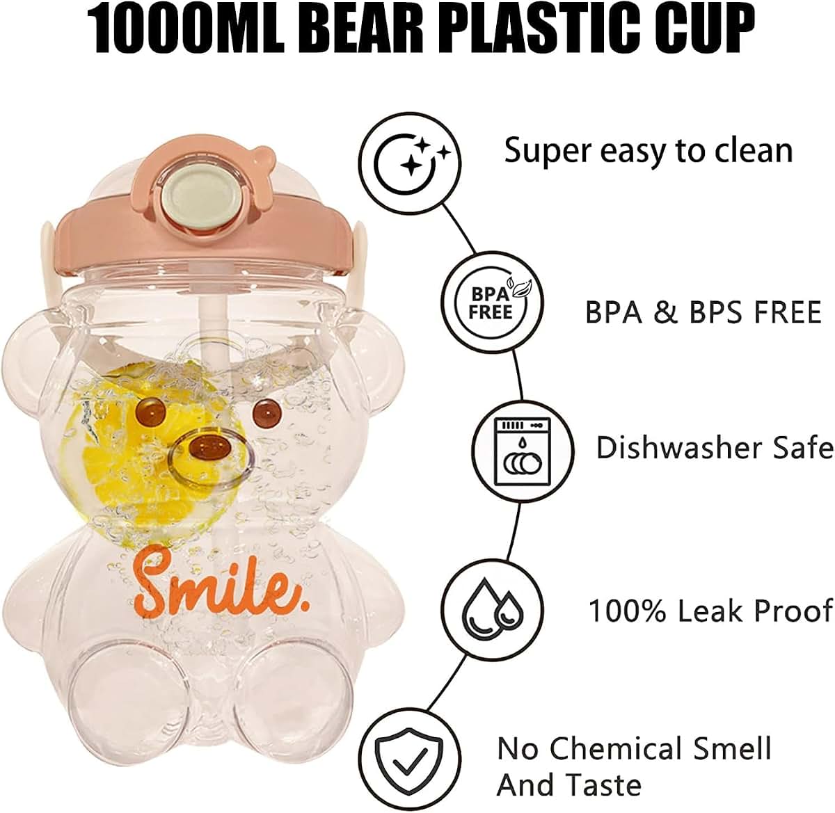 JRIQH Kawaii Bear Straw Bottle Pink Water Bottle (photo 4)