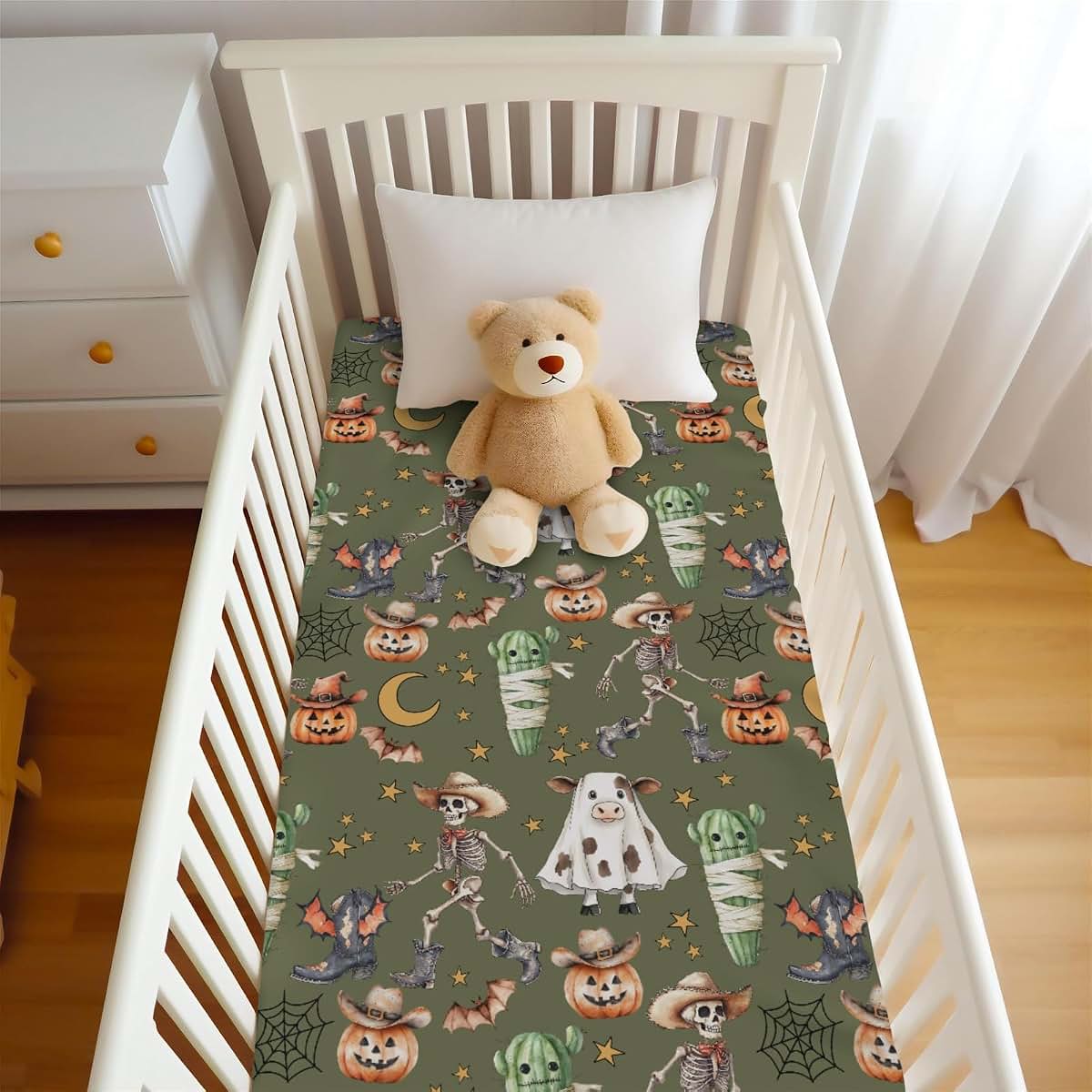 BabyOneStop Halloween Western Cowboys Skeleton Pumpkin Fitted Crib Sheet 28x52