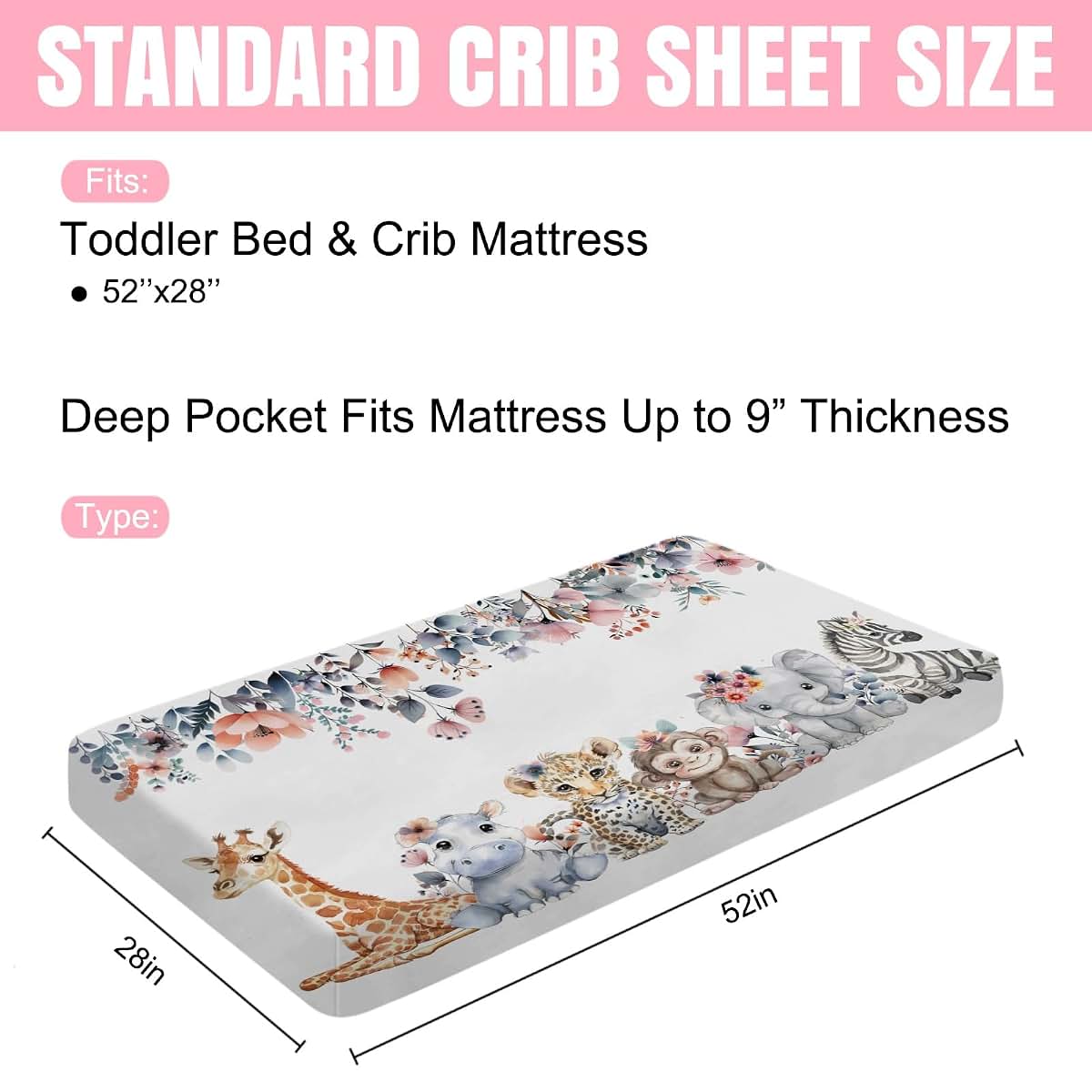 Jungle Safari Animals Boho Floral Baby Crib Sheet 52x28 Inch