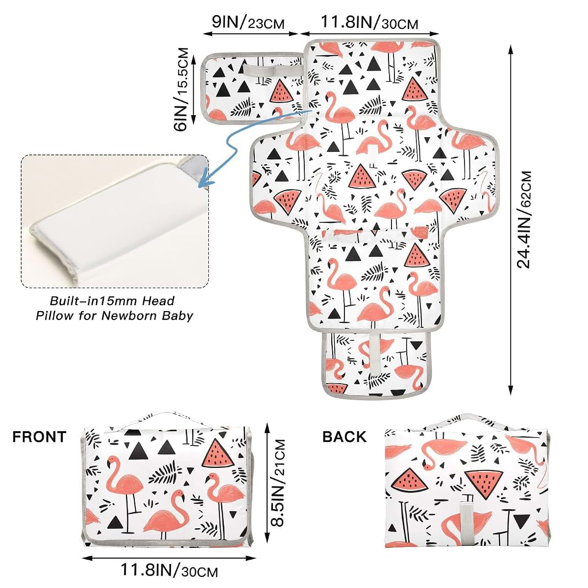 Kagirah Flamingo Fizz Pattern Portable Changing Pad With Built-in Pillow