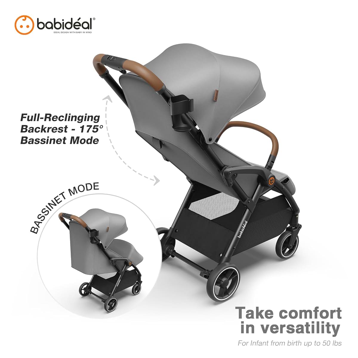 Babideal Lightweight Self-Folding Travel Stroller with Canopy, Grey