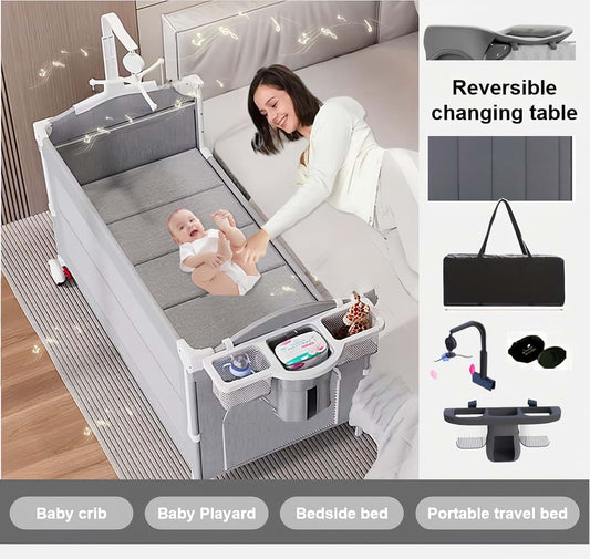 Suttonbebe Pack and Play Baby Bedside Crib, Foldable Travel Crib with Wheels and Storage Basket