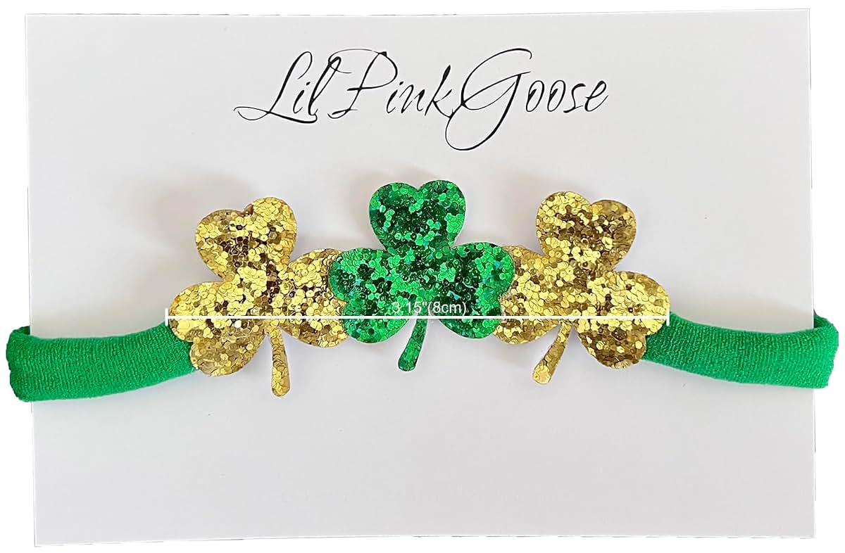 LilPinkGoose Baby St. Patrick's Day Green Clover Bow Headbands With Green Nylon Elastic Band
