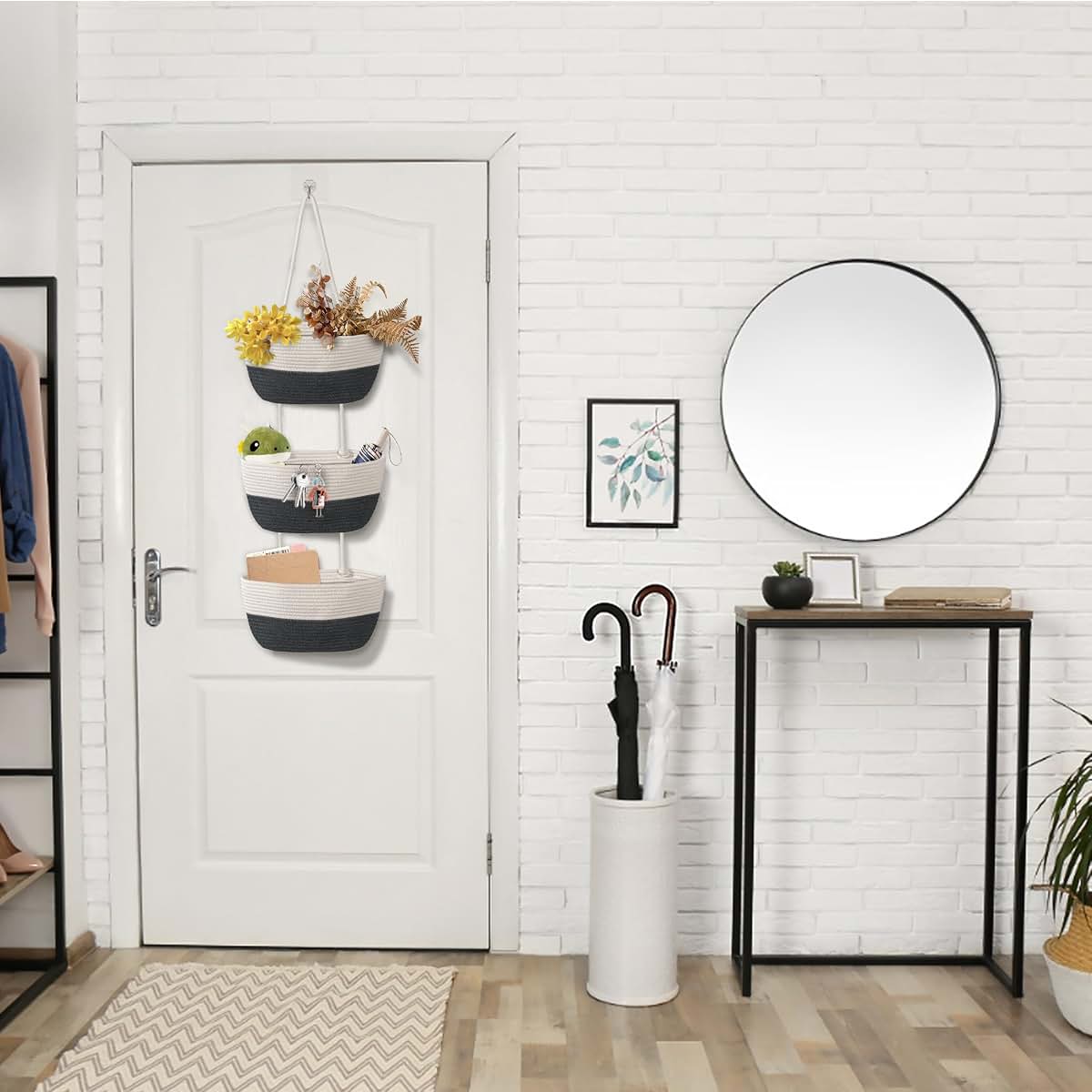 Wymulot 3 Tier Wall Mounted Woven Hanging Basket - White & Gray (photo 4)