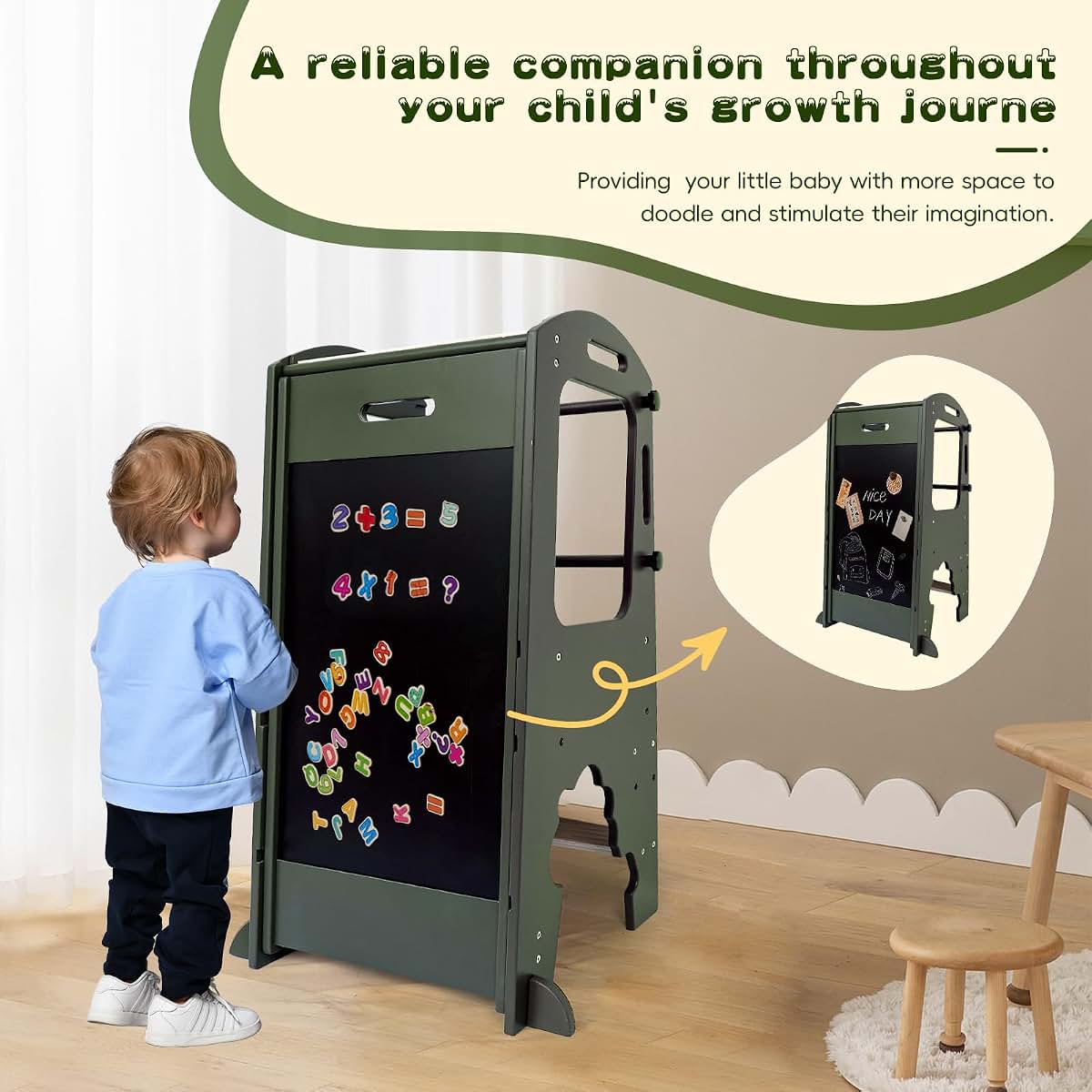 BabyOneStop Toddler Kitchen Step Stool With Removable Railing And Blackboard