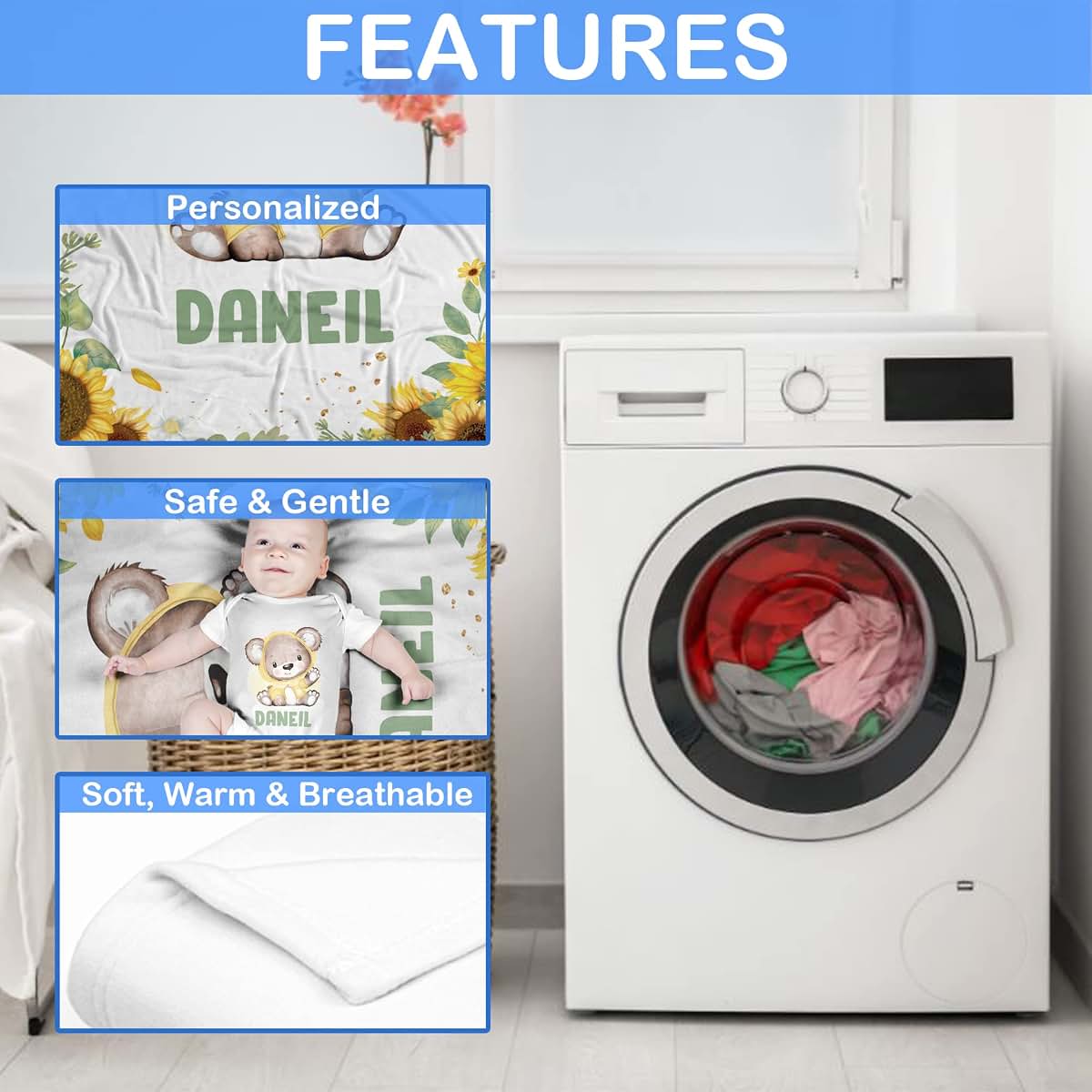 Voz Personalized Baby Blankets with Name, Customized Baby Blankets for Boys - Bear Baby Blanket, Best Gift for Baby (photo 4)