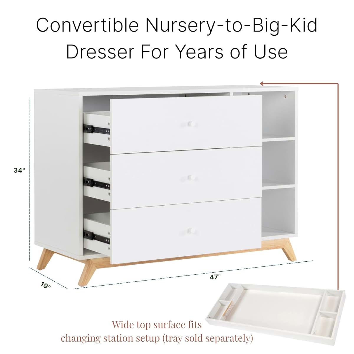 dadada Central Park 3-Drawer Bedroom Dresser, Open Shelving, White/Natural