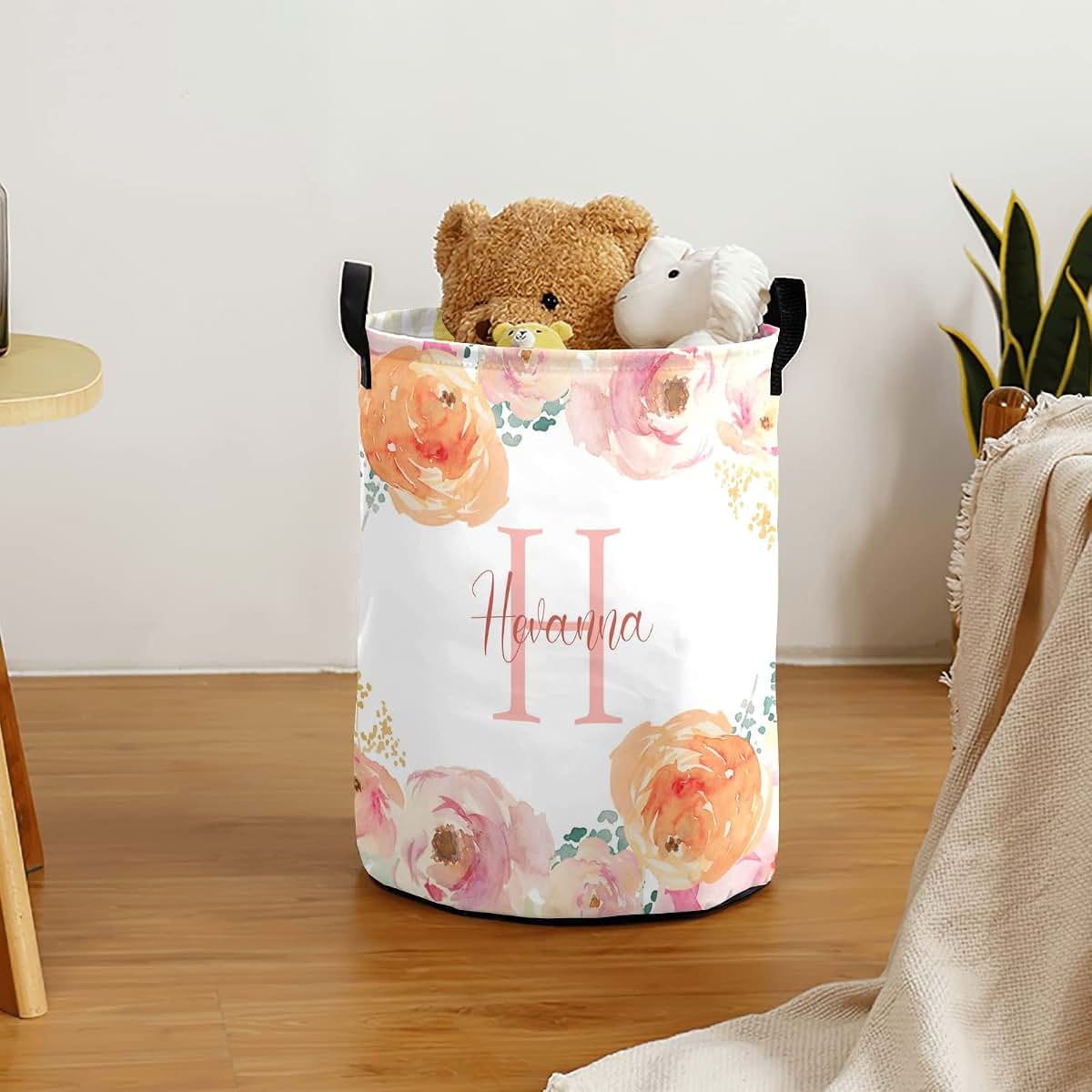 Puercha Personalized Baby Laundry Basket with Flower Custom Nursery Hamper with Names for Girl Foldable Storage (photo 4)