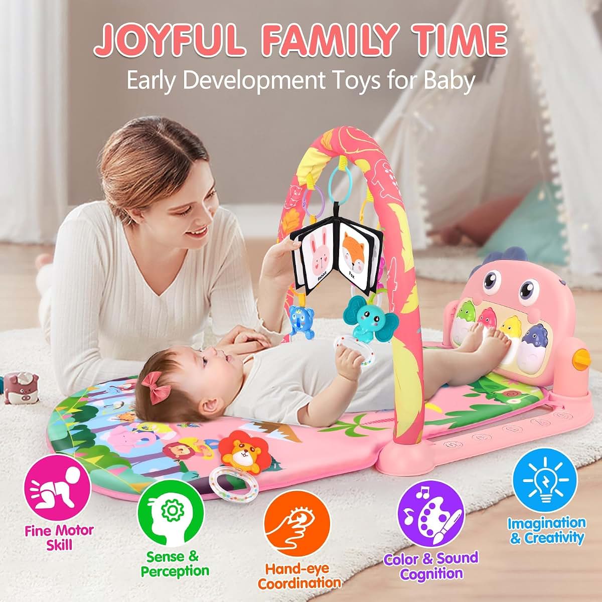 UMIKU Baby Play Mat Tummy Time Mat with Piano Music & Light, Pink Dinosaur Theme, 3-12 Months