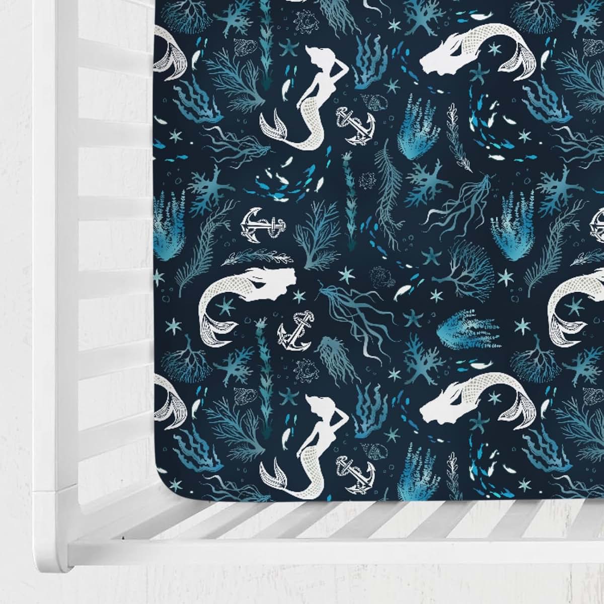 Undersea Mermaids Baby Crib Sheet 52x28 Inches, Stretchy Fitted Ocean Print