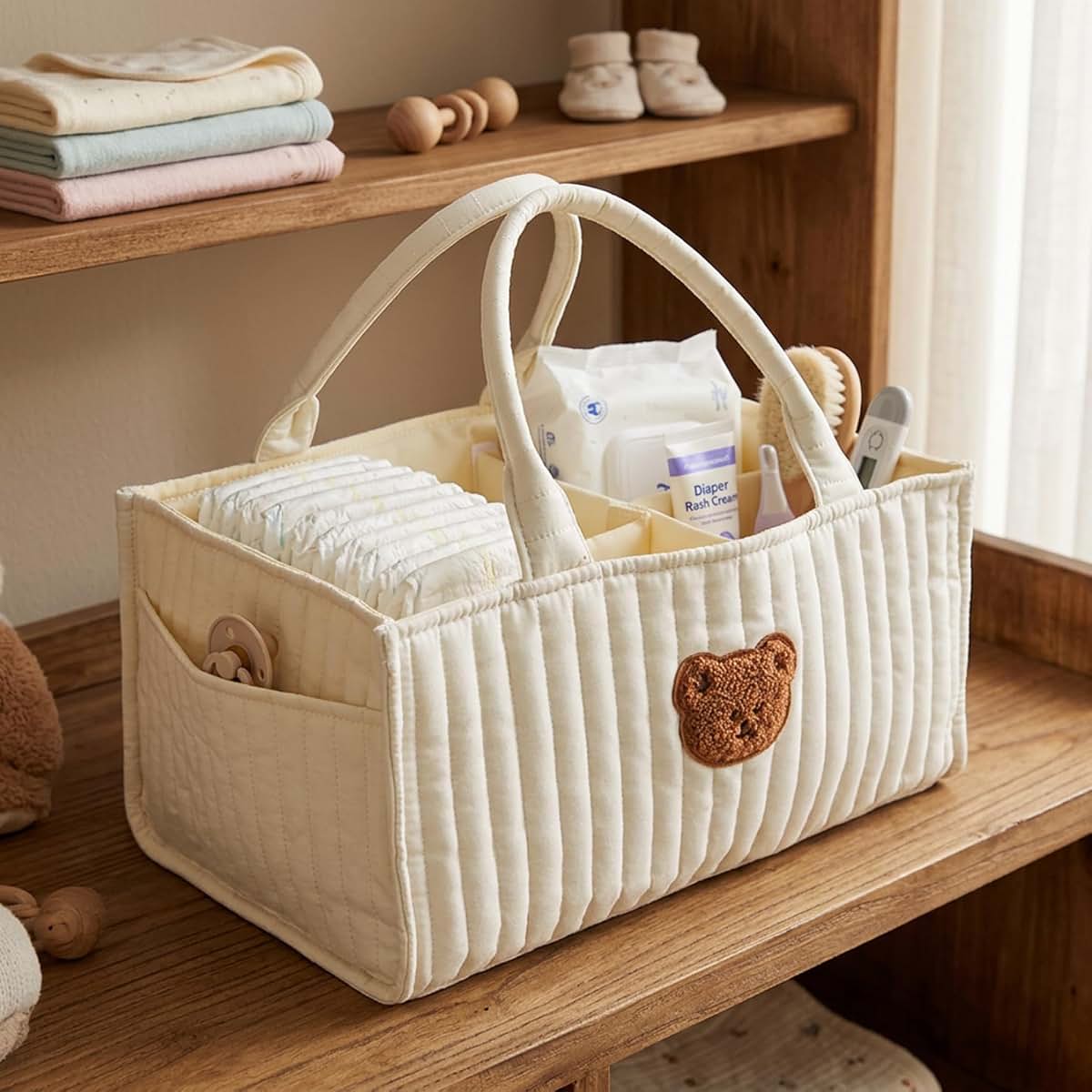 AwnsIMfreien Quilted Laundry Basket with Handles, Diaper Caddy, Portable Quilted Basket with Removable Dividers & (photo 4)