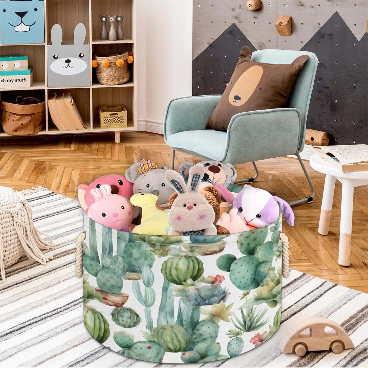 Gumuslen Watercolor Cactus Storage Basket Organizer for Nursery and Laundry