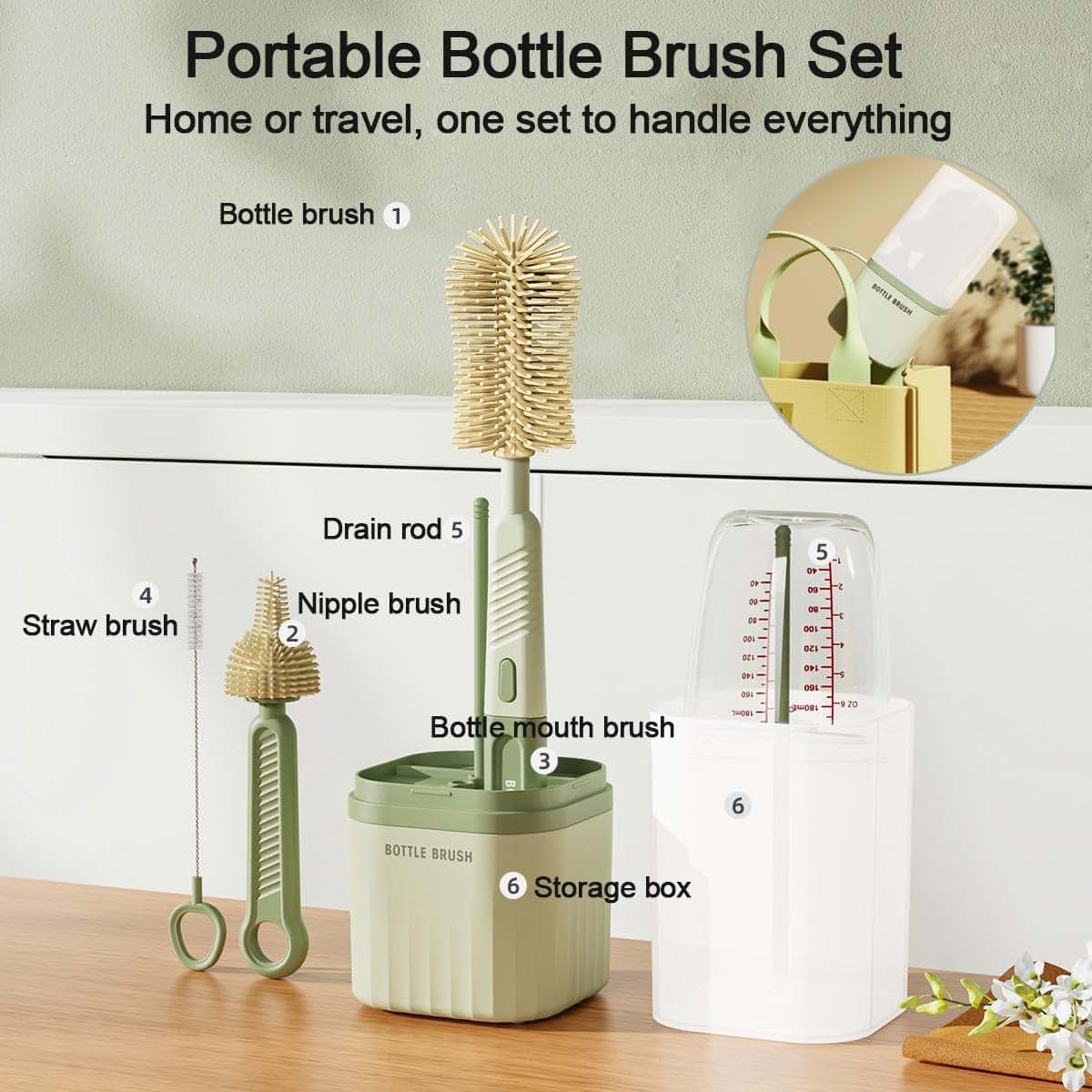 GIBENUO Silicone Bottle Brush Set with Nipple and Straw Brush, Drying Rack and Storage Box, Green