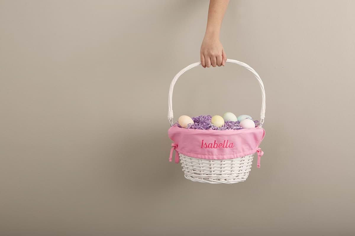 Personalization Universe Personalized Classic White Easter Basket – Embroidered Light Blue Basket Liner – Custom Kids (photo 4)