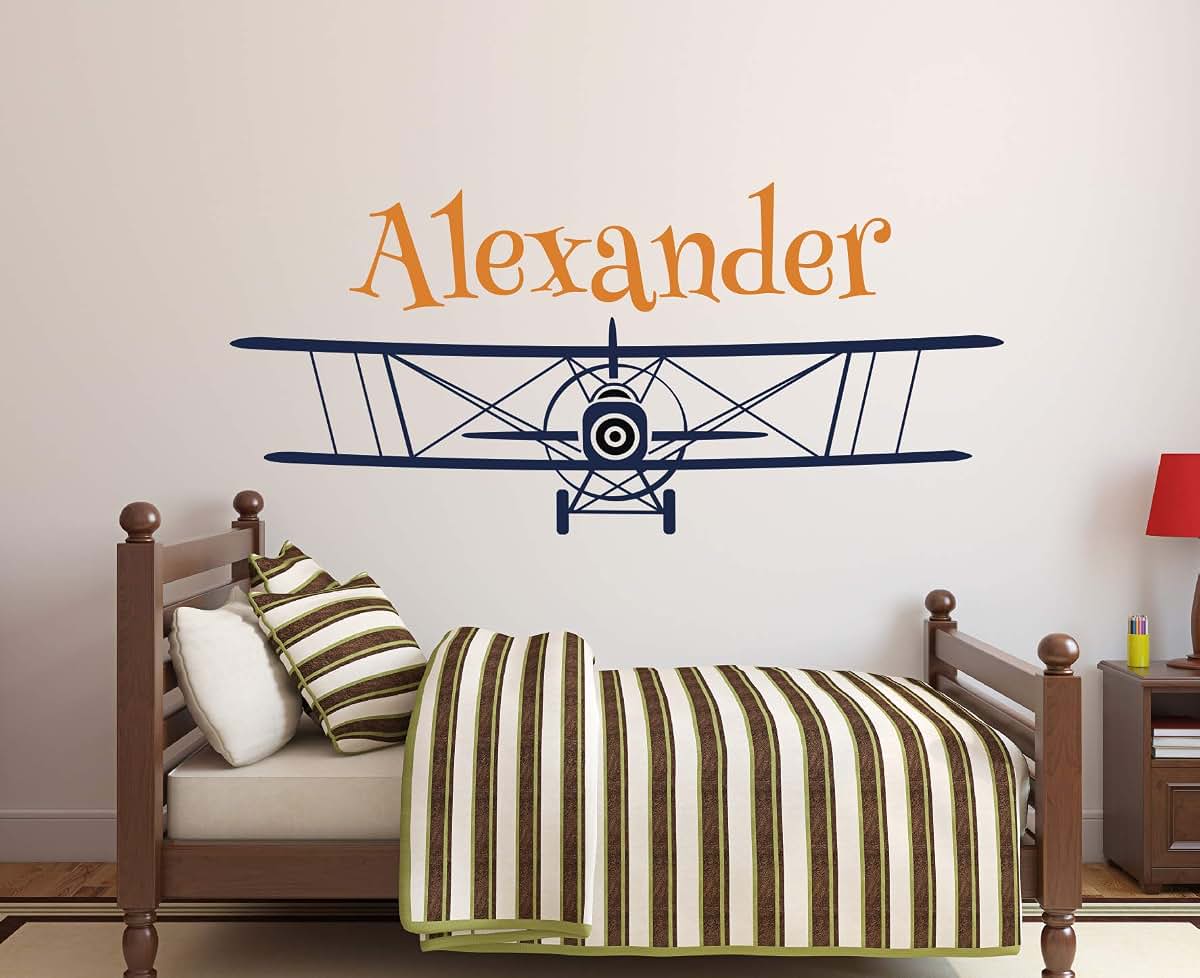 Decalzone Inc Personalized Airplane Name Wall Decal - Name Wall Decal - Nursery Wall Decal - Biplane Decal - Boys